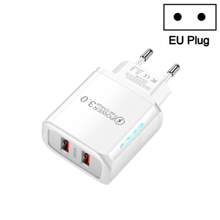 Caricabatteria per telefono cellulare USB QC3.0 a doppia porta da 36 W. Doppia uscita da 18 W, spina europea, EU Plug