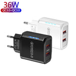 Caricabatteria per telefono cellulare USB QC3.0 a doppia porta da 36 W. Doppia uscita da 18 W, spina europea, EU Plug