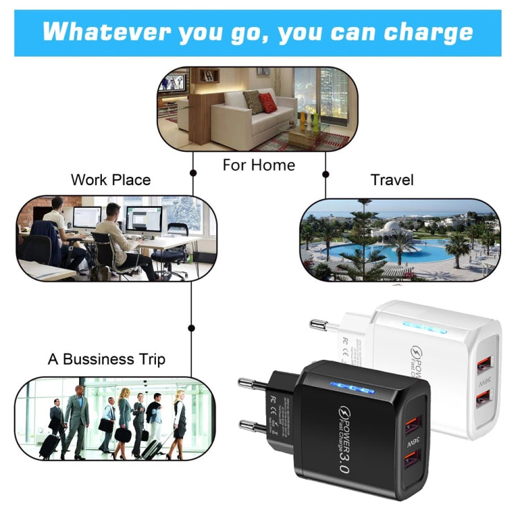 Caricabatteria per telefono cellulare USB QC3.0 a doppia porta da 36 W. Doppia uscita da 18 W, spina europea, EU Plug