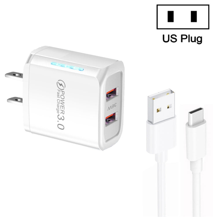 Caricabatterie USB QC3.0 doppia porta 36W con cavo Type-C