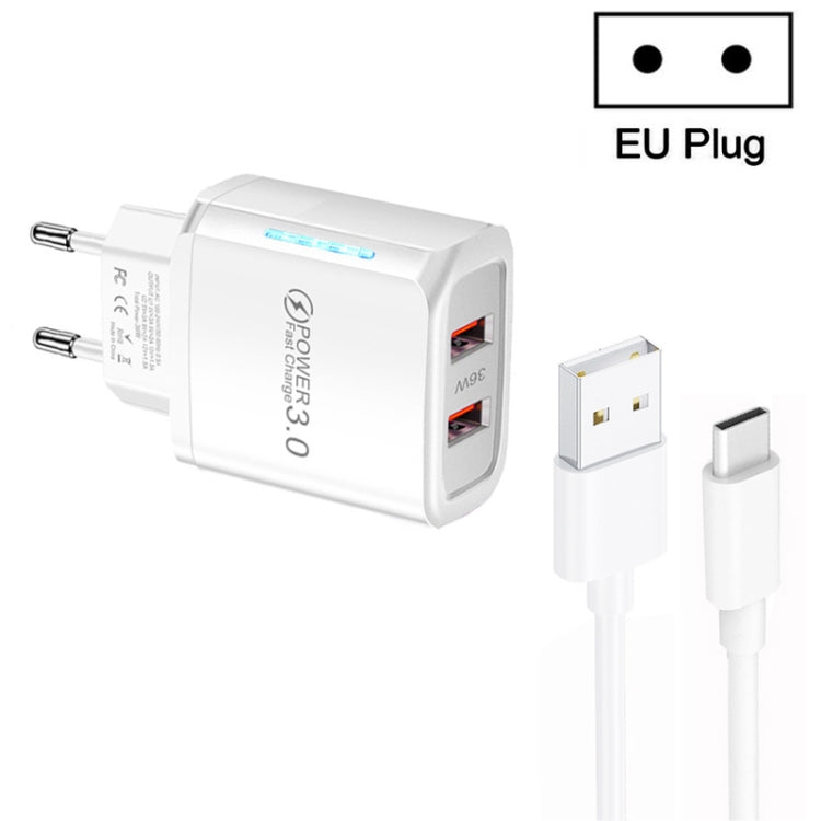 Caricabatterie USB QC3.0 doppia porta 36W con cavo Type-C