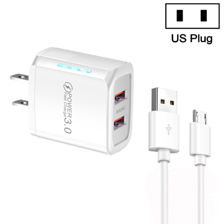 Caricabatterie USB QC3.0 a doppia porta da 36 W con cavo dati da USB a micro USB da 3 A, spina americana, US Plug + USB to Micro USB Cable
