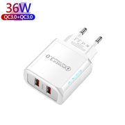Caricabatterie USB QC3.0 a doppia porta da 36 W con cavo dati da USB a micro USB da 3 A, spina europea, EU Plug + USB to Micro USB Cable