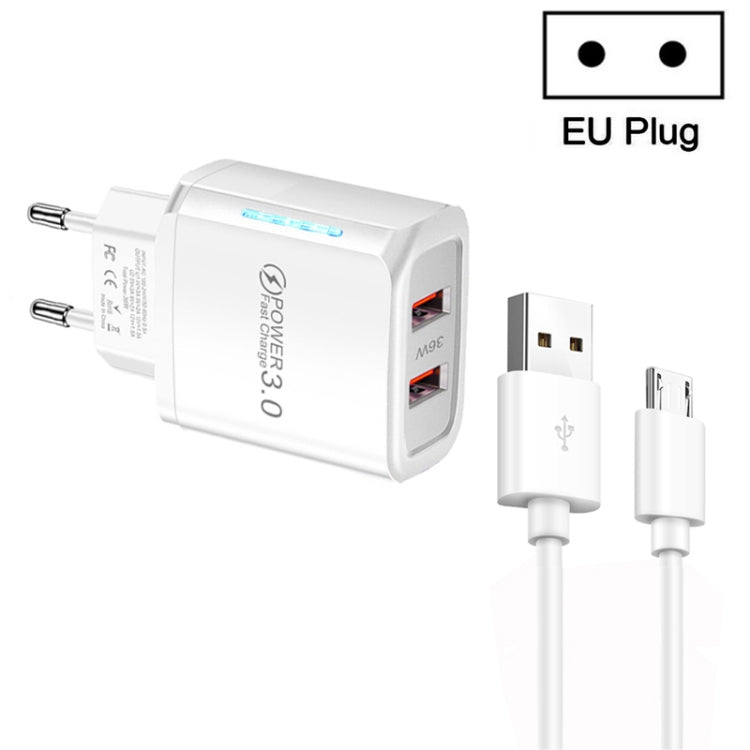 Caricabatterie USB QC3.0 a doppia porta da 36 W con cavo dati da USB a micro USB da 3 A, spina europea, EU Plug + USB to Micro USB Cable