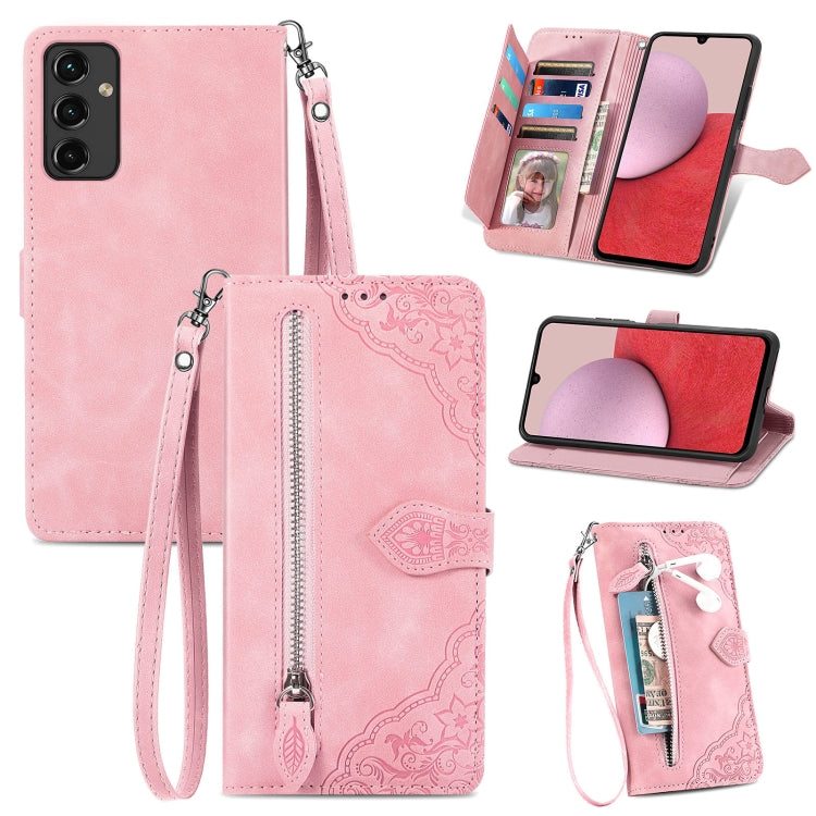 Per Samsung Galaxy A14 5G Custodia in pelle con cerniera fiore in rilievo, For Samsung Galaxy A14 5G