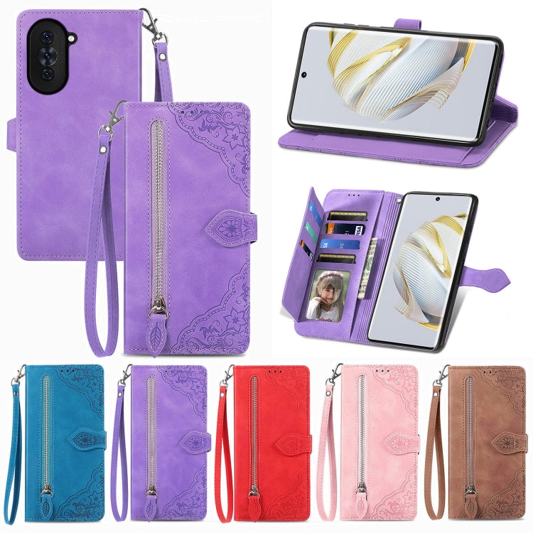 Per Huawei Nova 10 custodia in pelle con cerniera fiore in rilievo, For Huawei Nova 10