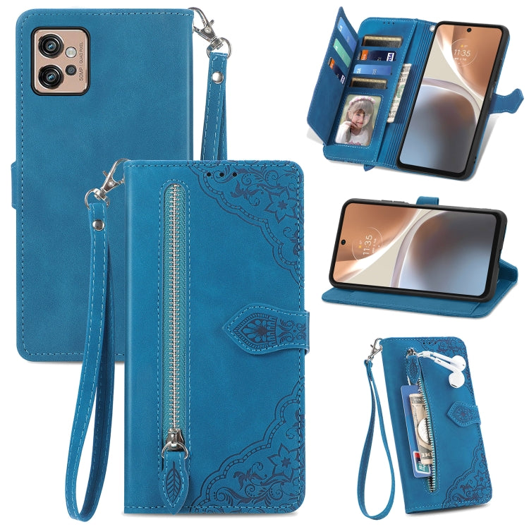 Per Motorola Moto G32 custodia in pelle con cerniera fiore in rilievo, For Motorola Moto G32