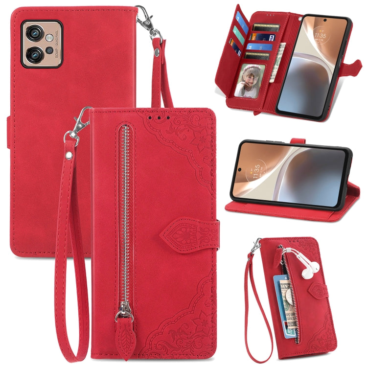Per Motorola Moto G32 custodia in pelle con cerniera fiore in rilievo, For Motorola Moto G32
