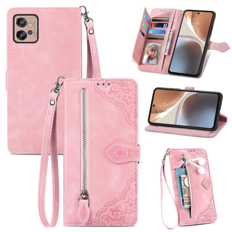 Per Motorola Moto G32 custodia in pelle con cerniera fiore in rilievo, For Motorola Moto G32