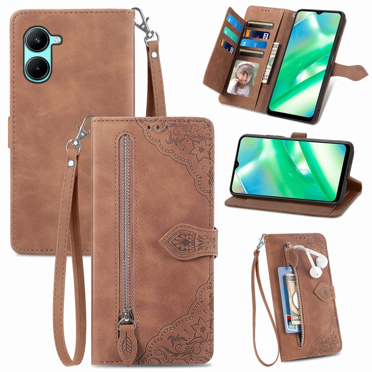 Per Realme C33 custodia in pelle con cerniera fiore in rilievo, For Realme C33