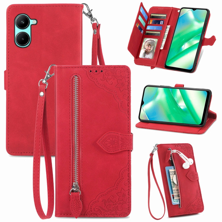 Per Realme C33 custodia in pelle con cerniera fiore in rilievo, For Realme C33