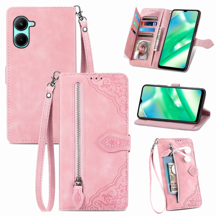 Per Realme C33 custodia in pelle con cerniera fiore in rilievo, For Realme C33