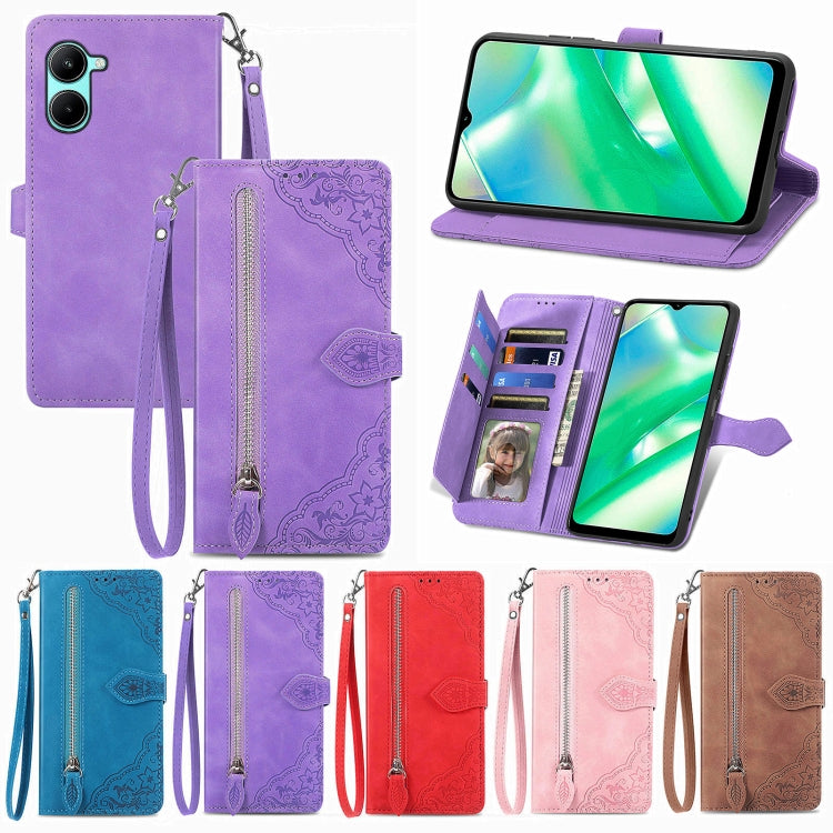 Per Realme C33 custodia in pelle con cerniera fiore in rilievo, For Realme C33