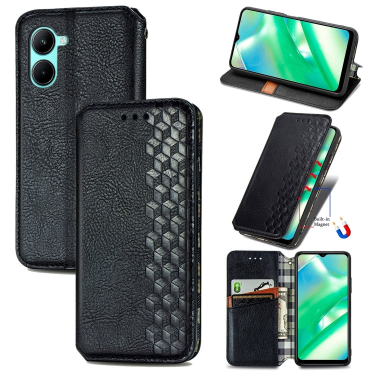 Per OPPO Realme C33 Cubic Grid Custodia per telefono in pelle magnetica pressata, For Realme C33