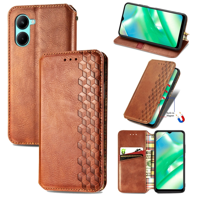 Per OPPO Realme C33 Cubic Grid Custodia per telefono in pelle magnetica pressata, For Realme C33