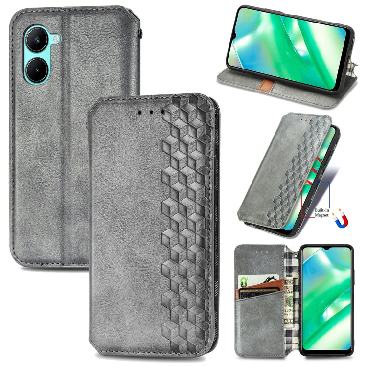 Per OPPO Realme C33 Cubic Grid Custodia per telefono in pelle magnetica pressata, For Realme C33