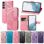 Custodia per telefono in pelle goffrata farfalla amore fiore, For Samsung Galaxy S23 5G, For Samsung Galaxy S23+ 5G, For Samsung Galaxy S23 Ultra 5G