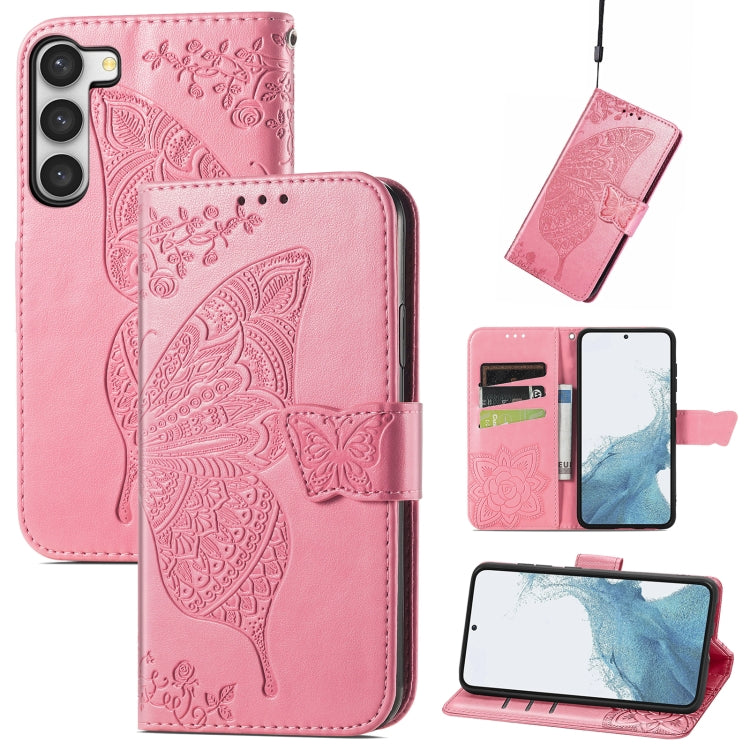 Custodia per telefono in pelle goffrata farfalla amore fiore, For Samsung Galaxy S23 5G, For Samsung Galaxy S23+ 5G, For Samsung Galaxy S23 Ultra 5G