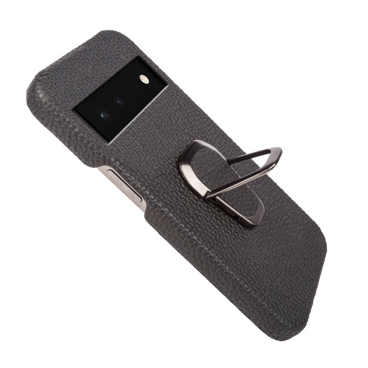 Per Google Pixel 6 Ring Holder Litchi Texture Custodia per telefono in vera pelle, For Google Pixel 6