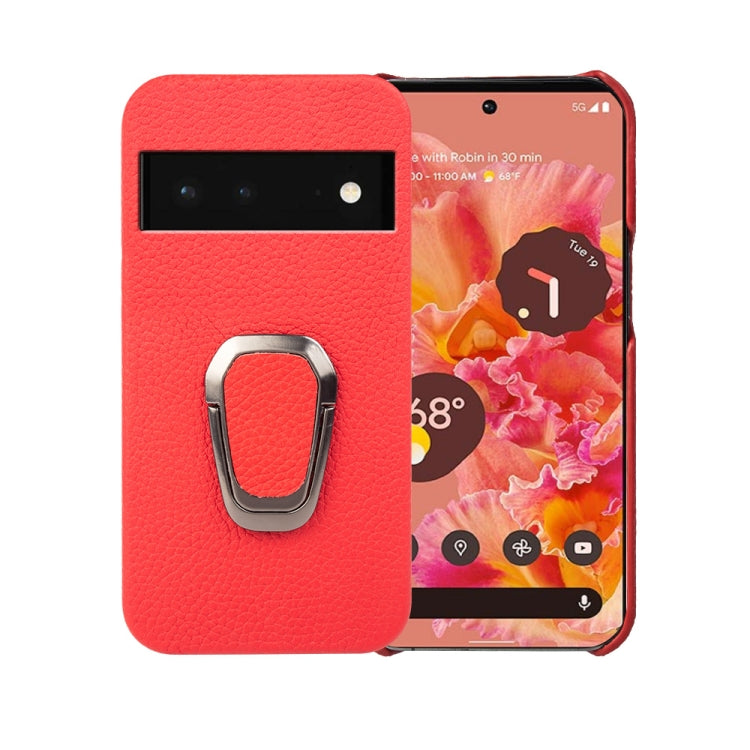 Per Google Pixel 6 Ring Holder Litchi Texture Custodia per telefono in vera pelle, For Google Pixel 6