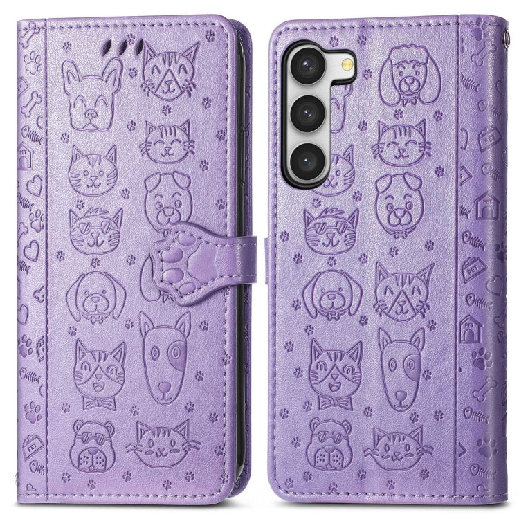 Simpatica custodia per telefono in pelle goffrata con gatto e cane, For Samsung Galaxy S23 5G, For Samsung Galaxy S23+ 5G, For Samsung Galaxy S23 Ultra 5G