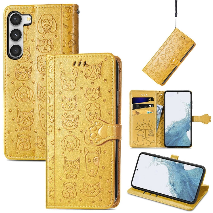 Simpatica custodia per telefono in pelle goffrata con gatto e cane, For Samsung Galaxy S23 5G, For Samsung Galaxy S23+ 5G, For Samsung Galaxy S23 Ultra 5G