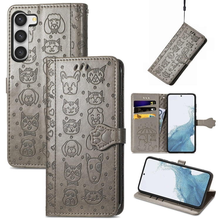 Simpatica custodia per telefono in pelle goffrata con gatto e cane, For Samsung Galaxy S23 5G, For Samsung Galaxy S23+ 5G, For Samsung Galaxy S23 Ultra 5G
