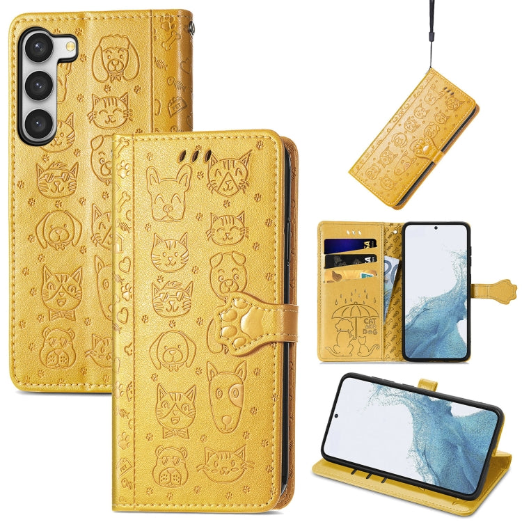 Simpatica custodia per telefono in pelle goffrata con gatto e cane, For Samsung Galaxy S23 5G, For Samsung Galaxy S23+ 5G, For Samsung Galaxy S23 Ultra 5G