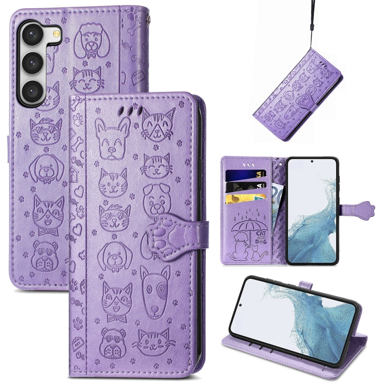 Simpatica custodia per telefono in pelle goffrata con gatto e cane, For Samsung Galaxy S23 5G, For Samsung Galaxy S23+ 5G, For Samsung Galaxy S23 Ultra 5G