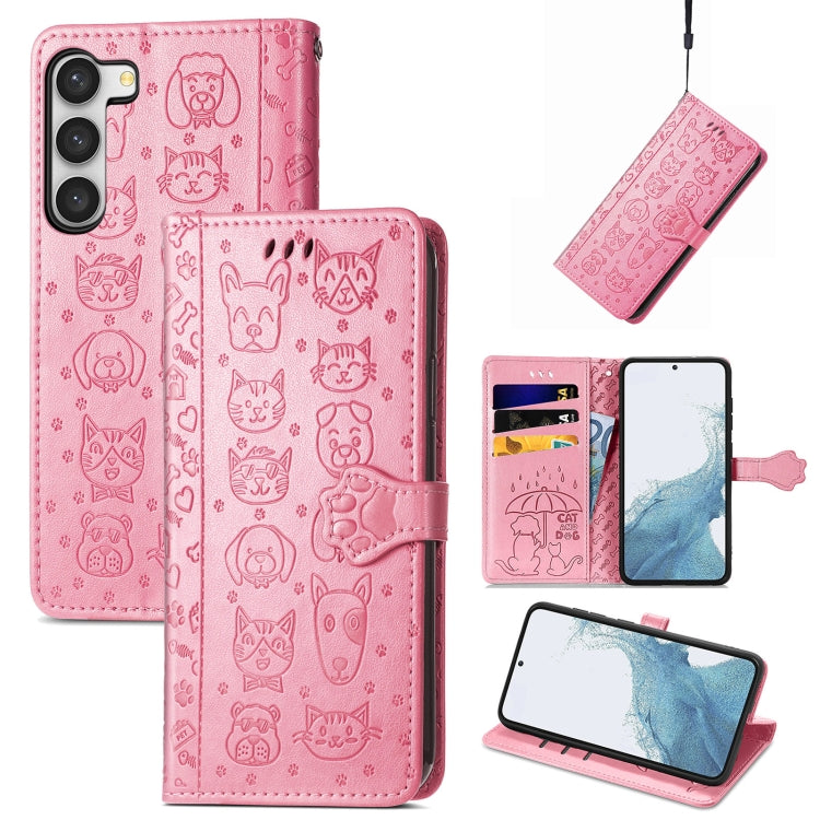 Simpatica custodia per telefono in pelle goffrata con gatto e cane, For Samsung Galaxy S23 5G, For Samsung Galaxy S23+ 5G, For Samsung Galaxy S23 Ultra 5G
