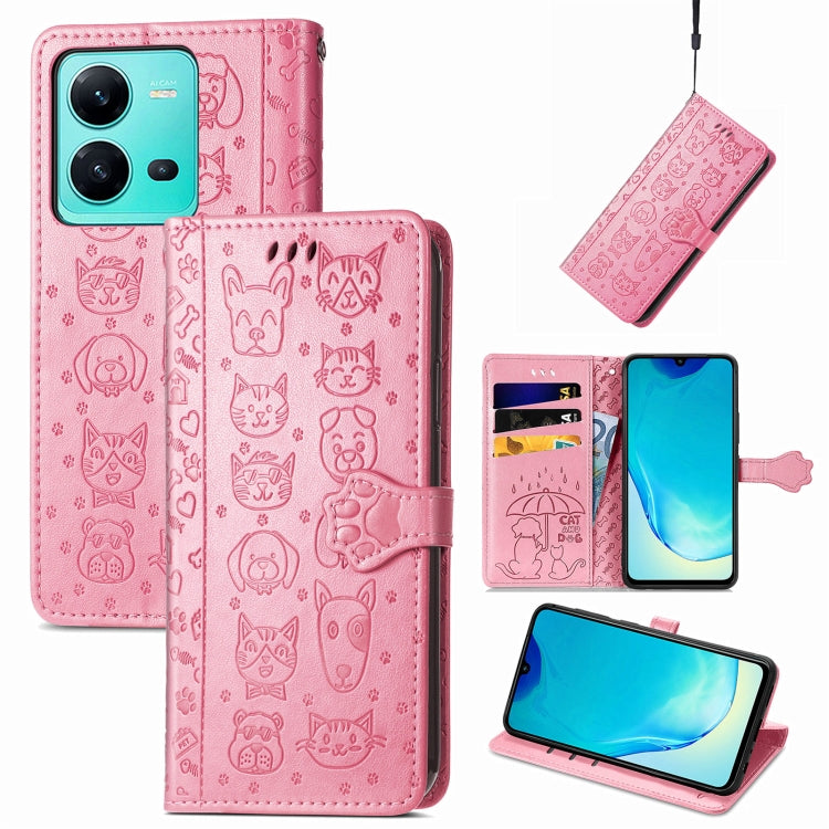 Simpatica custodia per telefono in pelle goffrata con gatto e cane, For vivo V25