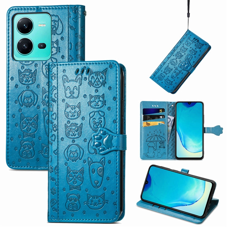 Simpatica custodia per telefono in pelle goffrata con gatto e cane, For vivo V25