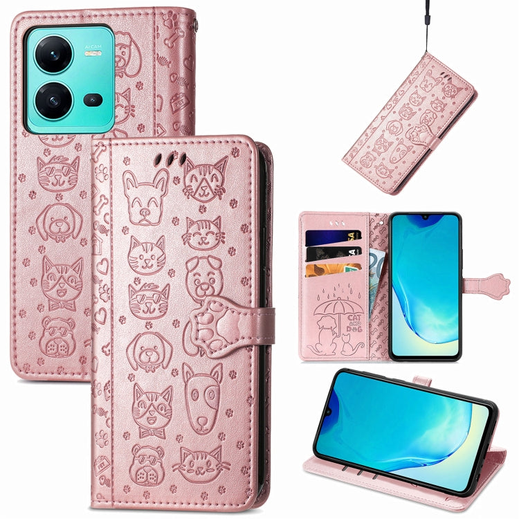 Simpatica custodia per telefono in pelle goffrata con gatto e cane, For vivo V25