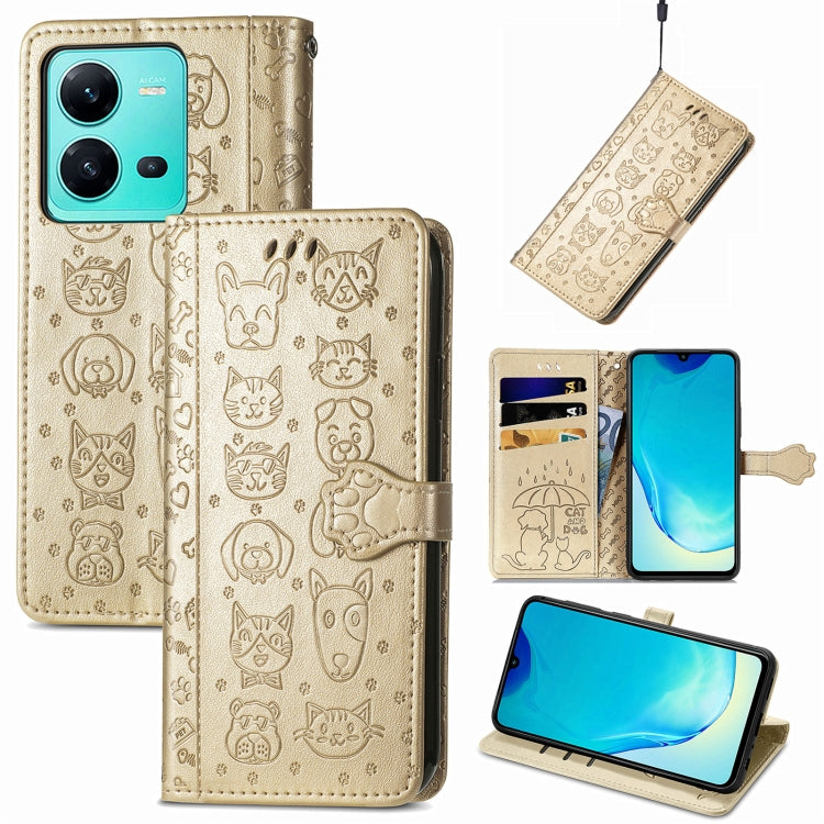 Simpatica custodia per telefono in pelle goffrata con gatto e cane, For vivo V25