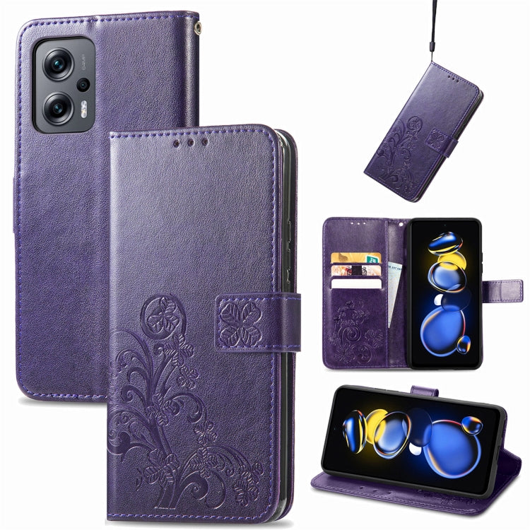 Custodia per telefono in pelle con fibbia in rilievo con chiusura a quattro foglie, For Xiaomi Redmi A1, For Xiaomi Redmi Note 11T, For Xiaomi 12T / Redmi K50 Ultra