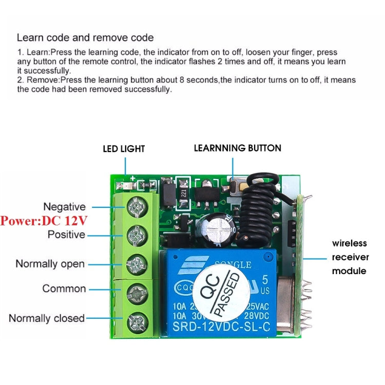 Interruttore di controllo remoto DC12V 1CH RF / relè 10A / ricevitore interruttore 433MHZ