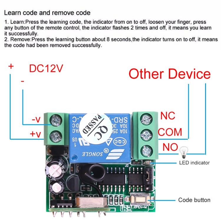 Ricevitore relè 1CH con interruttore di telecomando wireless RF 12V 10A