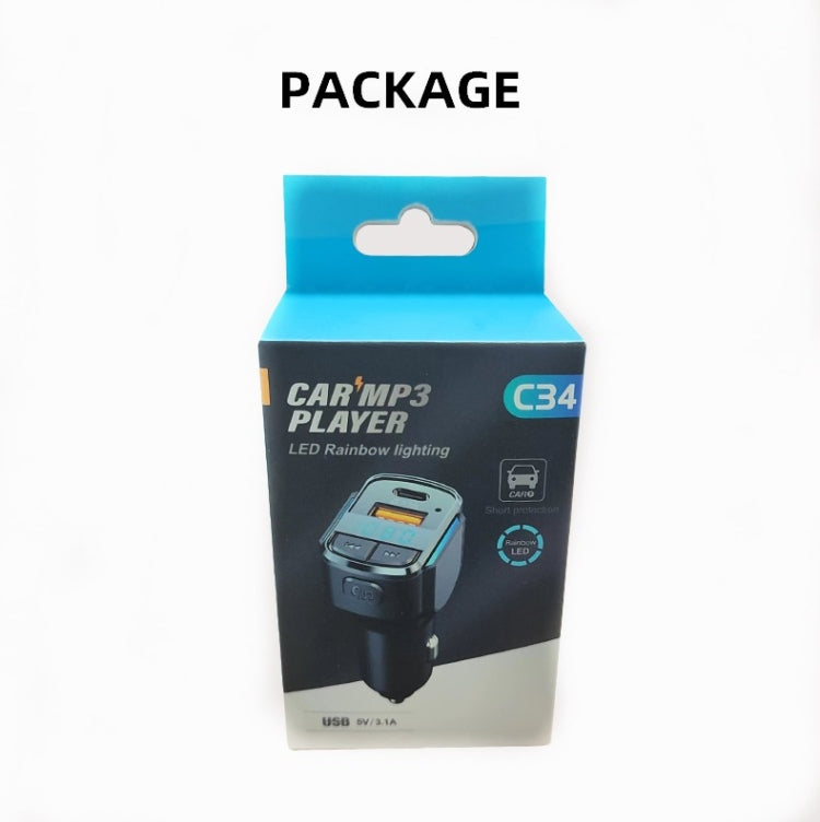 C34 Caricatore Bluetooth 5.0 per auto Trasmettitore FM Accendisigari Lettore musicale MP3, C34