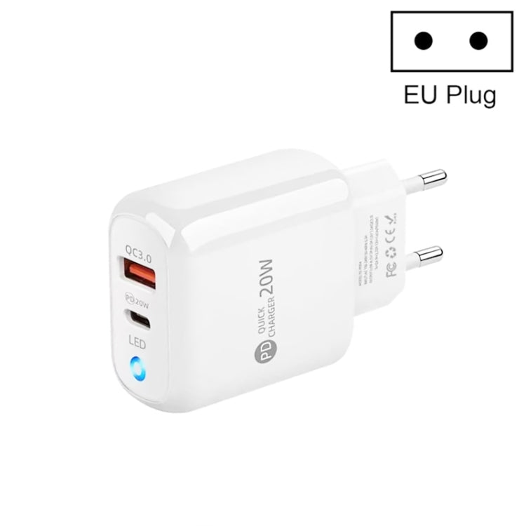 PD04 PD20W + QC18W Caricabatteria per telefono cellulare con indicatore LED, spina europea, EU Plug
