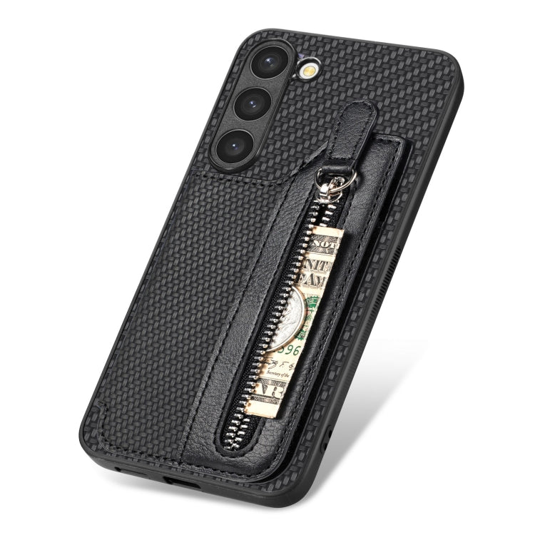 Custodia per telefono a portafoglio con cerniera lampo in fibra di carbonio, For Samsung Galaxy S23 5G, For Samsung Galaxy S23+ 5G, For Samsung Galaxy S23 Ultra 5G