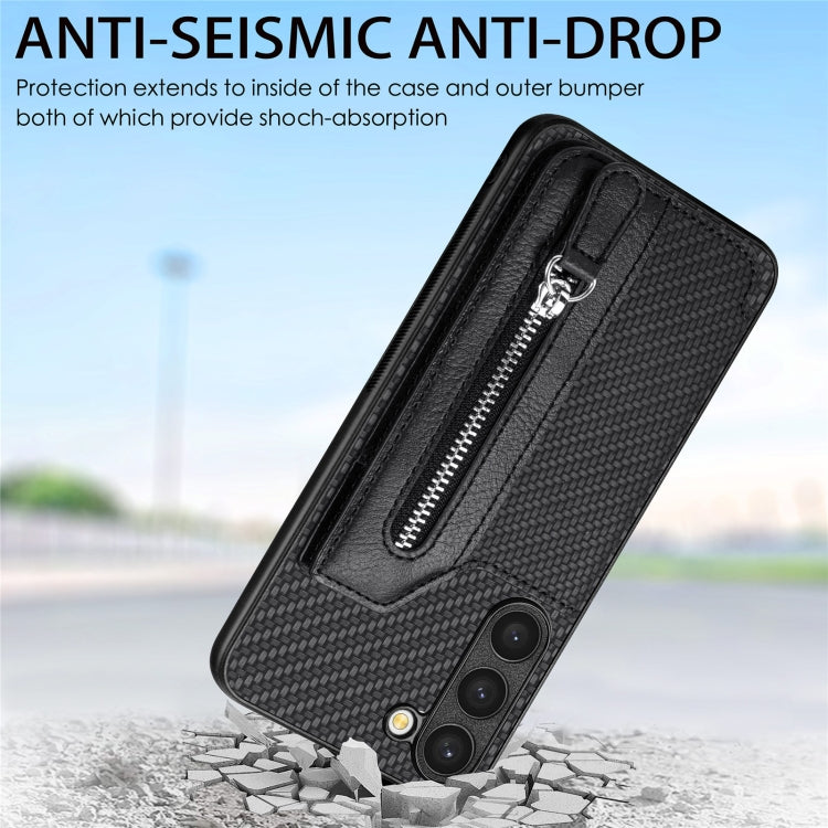 Custodia per telefono a portafoglio con cerniera lampo in fibra di carbonio, For Samsung Galaxy S23 5G, For Samsung Galaxy S23+ 5G, For Samsung Galaxy S23 Ultra 5G