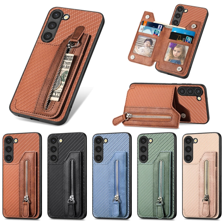 Custodia per telefono a portafoglio con cerniera lampo in fibra di carbonio, For Samsung Galaxy S23 5G, For Samsung Galaxy S23+ 5G, For Samsung Galaxy S23 Ultra 5G