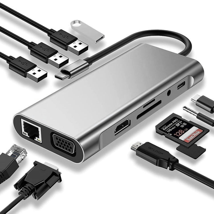 HUB USB C, adattatore USB C Dongle 11 in 1 con HDMI 4K, VGA, PD tipo C, USB 3.0, Ethernet RJ45, lettore di schede SD/TF, AUX da 3,5 mm, docking station compatibile con MacBook Pro/Air, altri tipi CDispositivi portatili