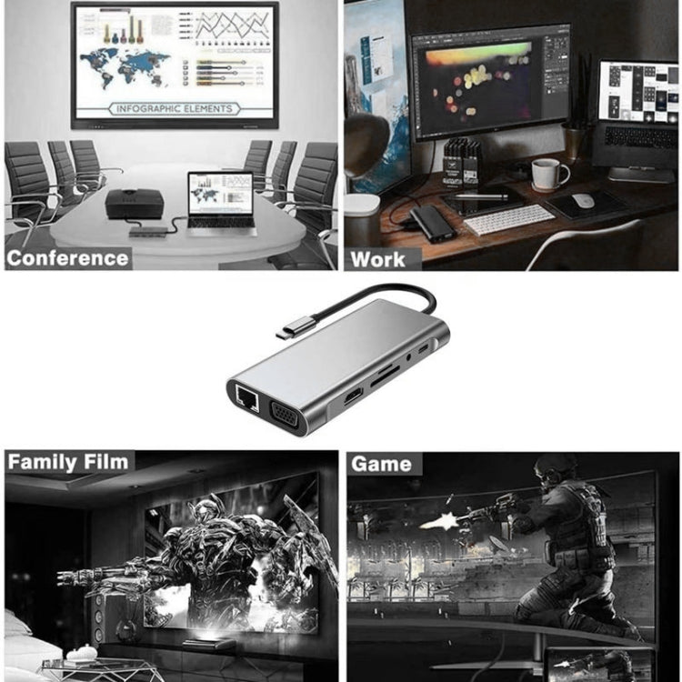 HUB USB C, adattatore USB C Dongle 11 in 1 con HDMI 4K, VGA, PD tipo C, USB 3.0, Ethernet RJ45, lettore di schede SD/TF, AUX da 3,5 mm, docking station compatibile con MacBook Pro/Air, altri tipi CDispositivi portatili