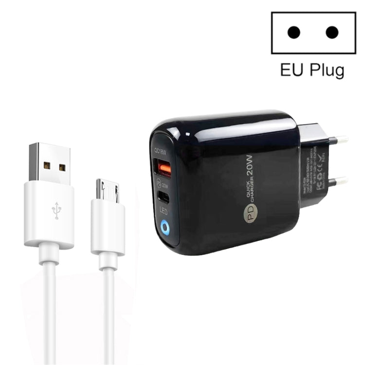 PD04 Type-C + USB Caricabatteria per telefono cellulare con cavo da USB a micro USB, spina europea, EU Plug + USB to Micro USB Cable