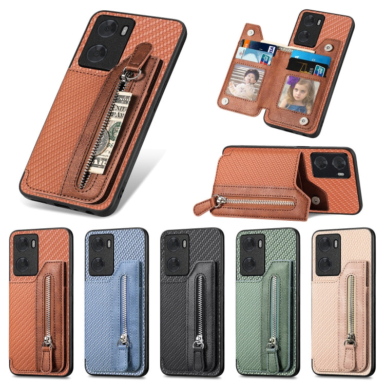 Custodia per telefono a portafoglio con cerniera lampo in fibra di carbonio, For OPPO A57 4G, For OPPO Reno9, For OPPO Reno9 Pro+, For Xiaomi Poco M5 4G