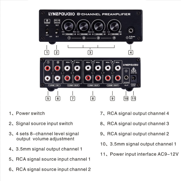 Distributore di altoparlanti preamplificatore, commutatore 2 ingressi 8 uscite, comparatore di altoparlanti, amplificatore di segnale, con controllo del volume e auricolare 16-600 ohm / Funzione monitor Ingresso di commutazione del segnale a 2 canali