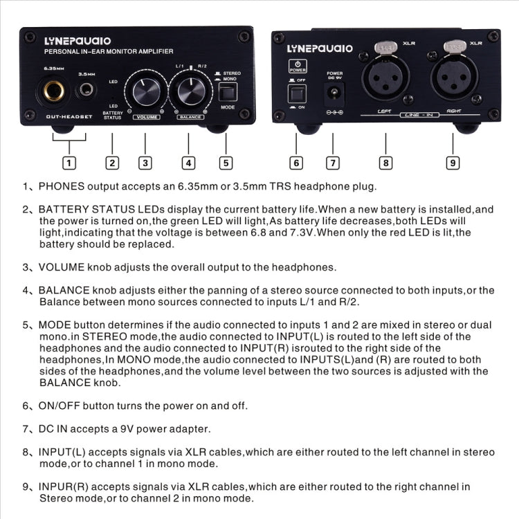 Amplificatore di segnale Nonitor per auricolari, doppio ingresso XLR, ingresso mono o stereo o mixer stereo con interruttore