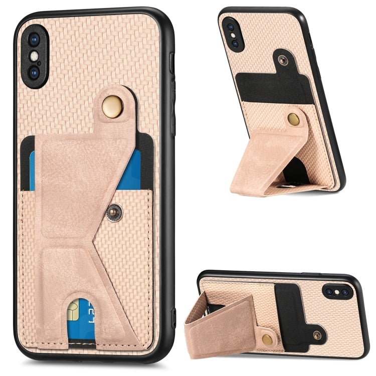 Portafoglio in fibra di carbonio Flip Card Custodia per telefono con supporto a forma di K, For iPhone X / XS, For iPhone XR, For iPhone XS Max, For iPhone 11