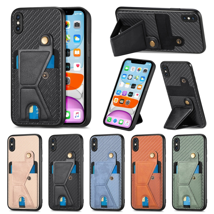 Portafoglio in fibra di carbonio Flip Card Custodia per telefono con supporto a forma di K, For iPhone X / XS, For iPhone XR, For iPhone XS Max, For iPhone 11